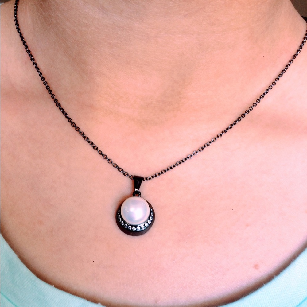 Love pearls , Black Gun Plated Necklace ,